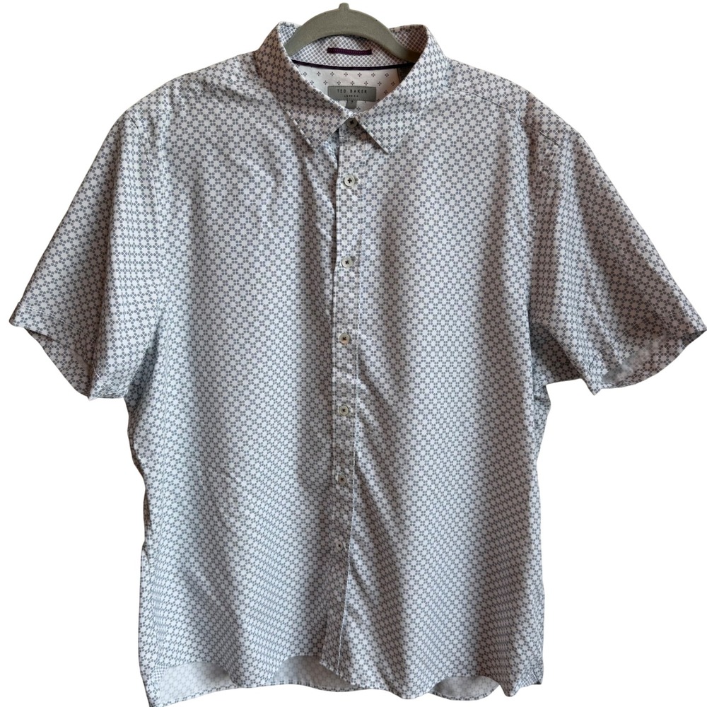 Ted Baker Geometric Short Sleeve Button Down Shirt Men's Size 7 XXL White Preppy